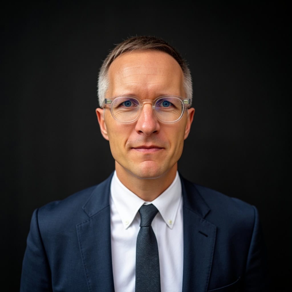 Vorgehender Mann in Brille und Anzug, Business-Foto für Unternehmensprofil, modern und professionell.