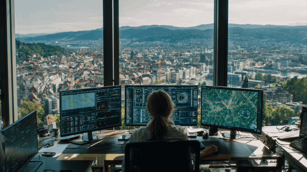 Fortschrittliche Datenanalyse in einem modernen Kontrollraum mit Blick auf die Stadt.