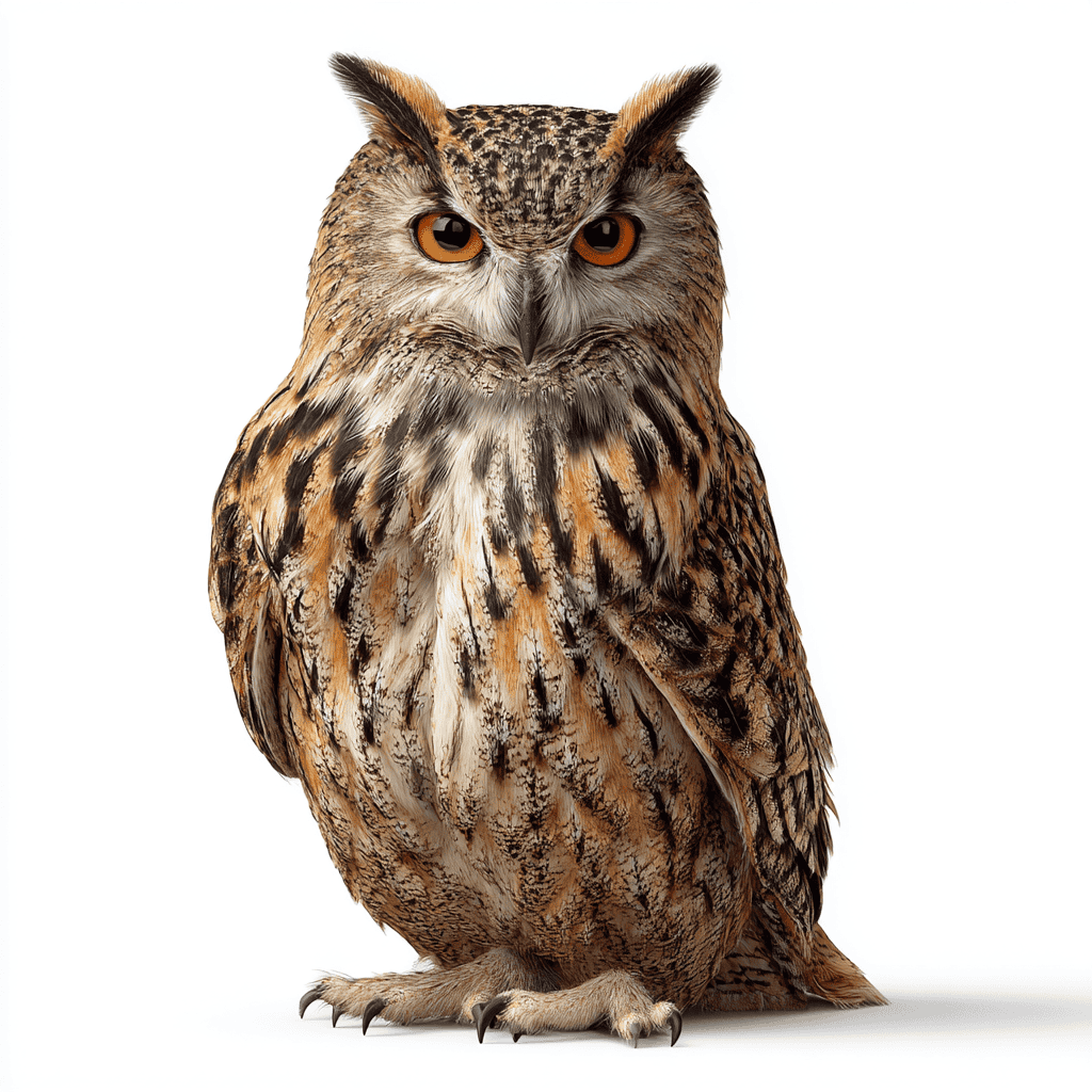 Hibou hybride, Kopf mit Eulenaugen und Körper eines Eulenvogels, hochauflösendes Bild.